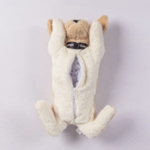 The Plush PJ Puppy is a soft dog toy lying on its back with an open belly zipper, showing its white inner lining.