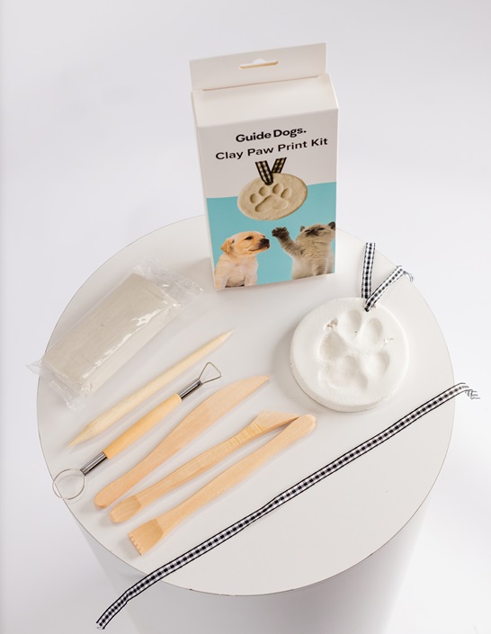 The Clay Paw Print Kit includes modeling clay, wooden sculpting tools, a ribbon, and a finished paw print example, all shown beside the product box featuring dog and cat images.