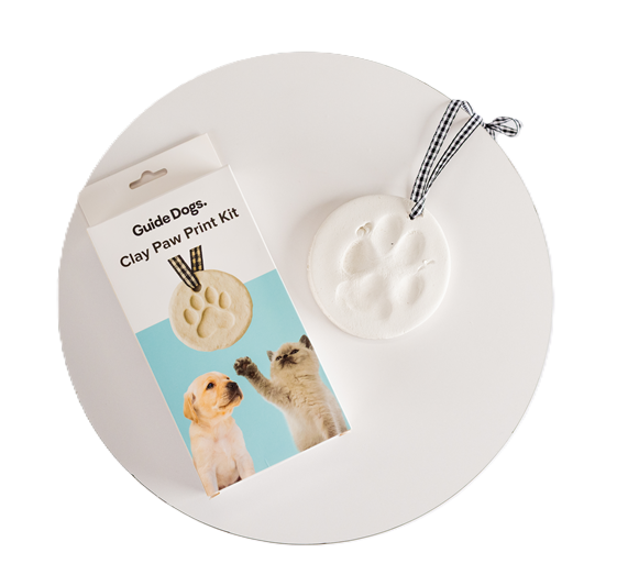 A Clay Paw Print Kit box and a finished clay paw print ornament tied with a black-and-white ribbon are displayed on a white circular surface.