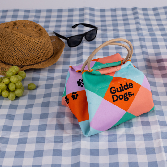 A patterned Lunch Bag rests on a checkered picnic cloth next to a straw hat, black sunglasses, and a bunch of green grapes.