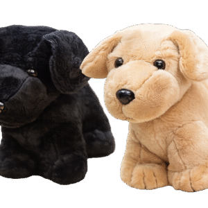 Two Plush Dog - Standing WITHOUT Coat toys, one black and one light brown, are placed side by side against a white background.