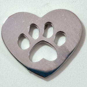 A pair of silver heart-shaped earrings with a paw print cutout in the center, displayed on a white surface.