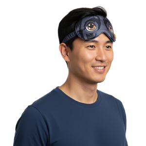 A man in a blue shirt wears the Eye Mask, which features cartoon eyes printed on it. He smiles and faces slightly to the right.