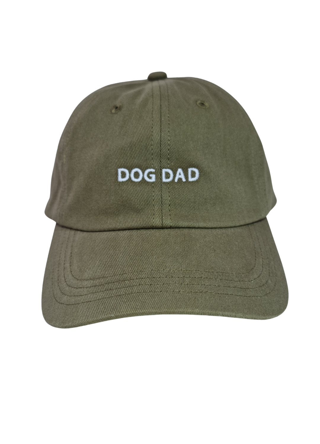 Olive green Caps featuring "DOG DAD" embroidered in white on the front.