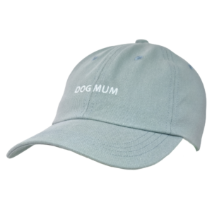 Light blue Caps featuring "DOG MUM" embroidered in white on the front.