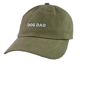 Caps in olive green with "DOG DAD" embroidered in white on the front.