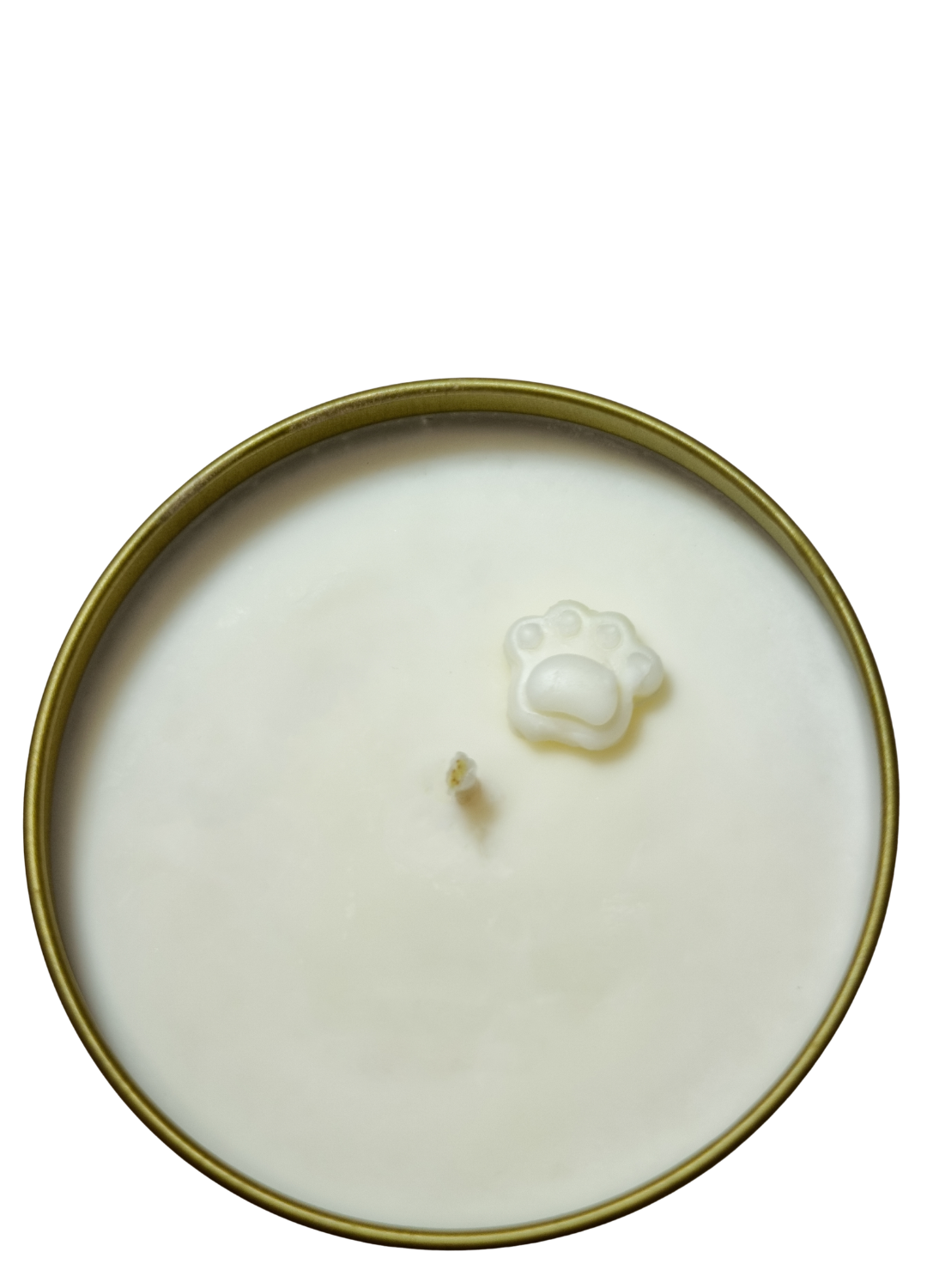 The Candle Tin - Gold is a round white candle in a metal tin, featuring a small paw print-shaped wax decoration on top.