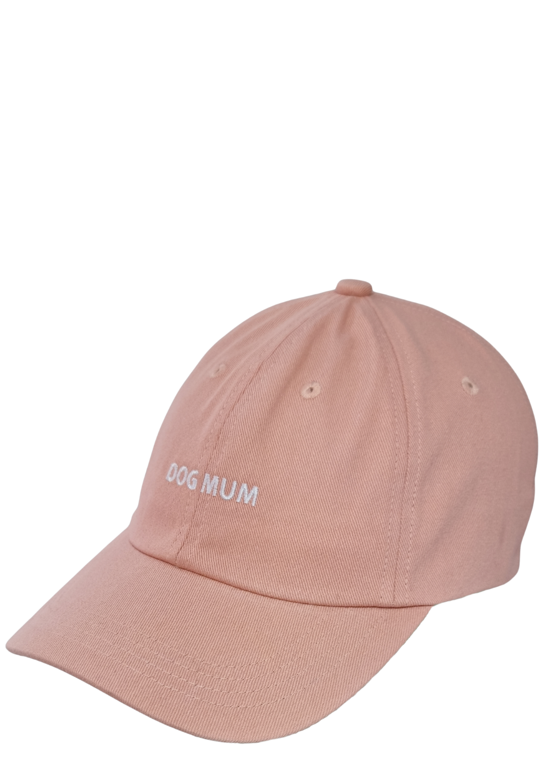 A light pink Caps baseball cap featuring "DOG MUM" embroidered in white on the front.